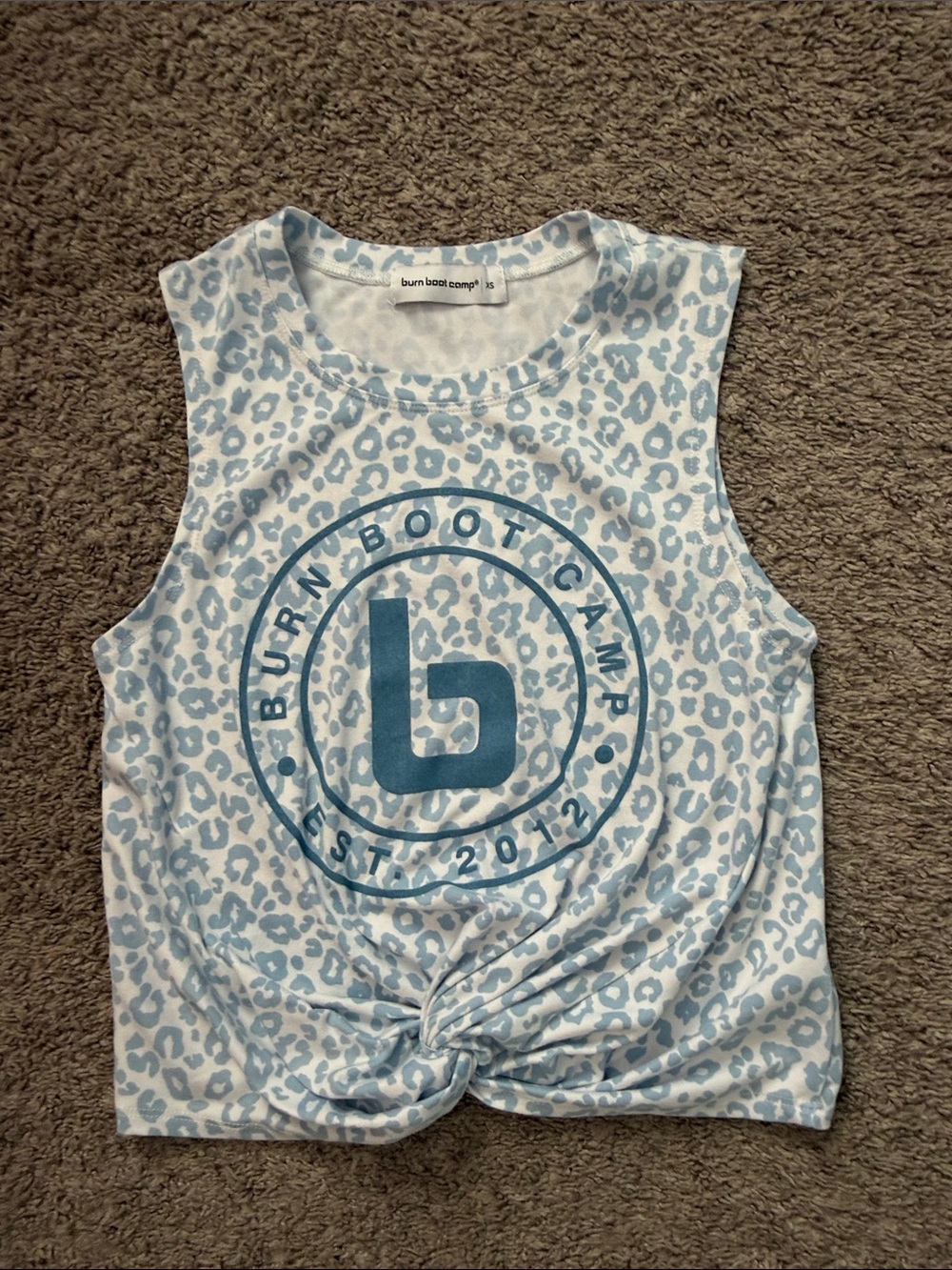 Burn Boot Camp women’s Light Blue Leopard Print Knot Tank